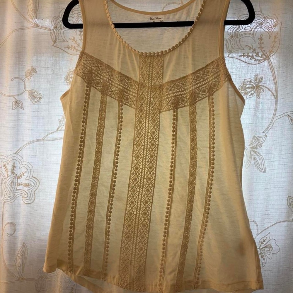 Ruff Hewn cream & tan tank top with vertical stripes and embroidered geometric